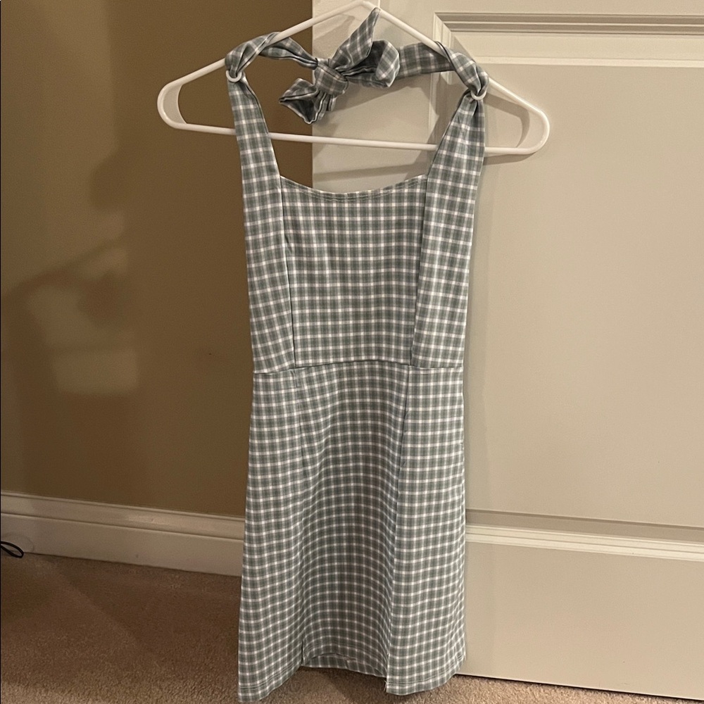 Green and Blue Plaid Mini Dress with Halter Neck Tie Strap